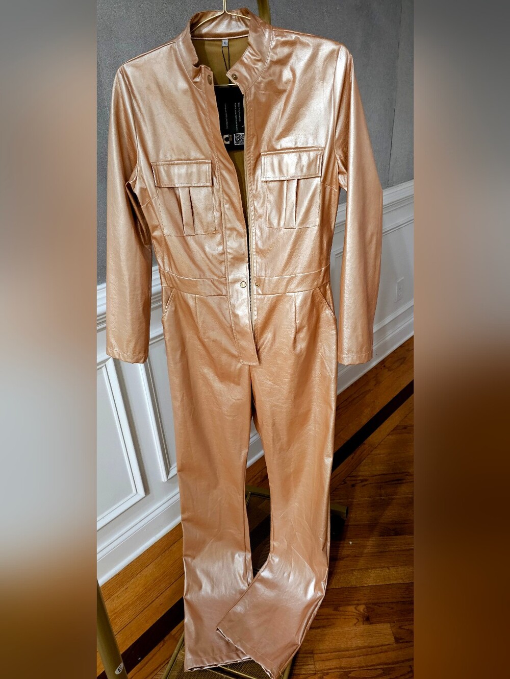 Chic Rosegold High Neck Long Sleeves Latex Jumpsuit. - Picture 4 of 15